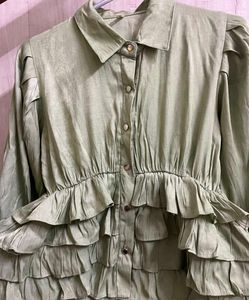 Elegant Sage Green Ruffled Shirt Top