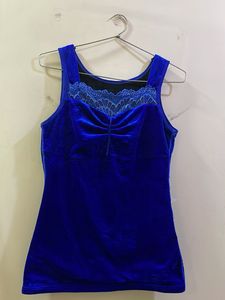 Blue Velvet Cami with Lace Detail