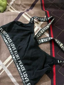 Trendy Black Ribbed Bra with Statement Straps