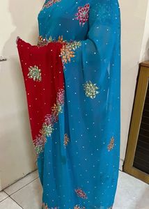 Vintage Handwork Red &amp; Blue Embroidered Saree