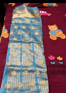Beautiful Blue Saree with Gold Border &amp; blouse