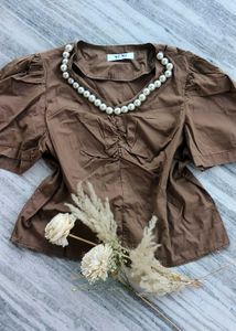 Korean Brown Puff Sleeve Top with pearl on nec