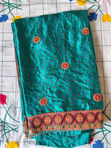 Teal Saree with Pink Dots & Embellished Border