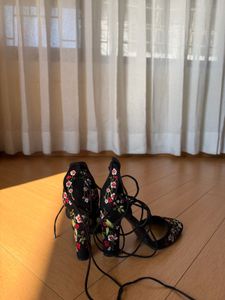 Forever 21 Black Floral Lace-Up Heels