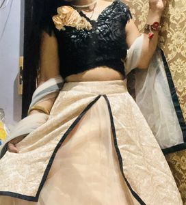 Peach Black Crop Top And Skirt