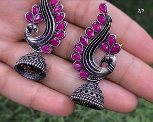 Peacock Jhumka Earrings with Pink Stones