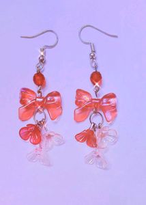Cute Pink Bow & Flower Dangle Earrings