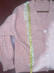Pink Knit Cardigan with Lace Detail