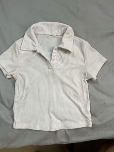 Cream Ribbed Polo T-Shirt