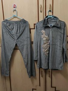 Elegant Grey Embroidered Loungewear Set