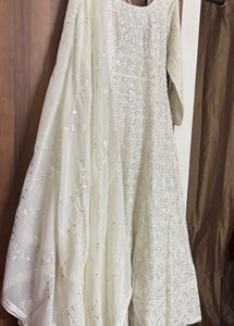 White Party Wear Anarkali Gown &amp; Dupatta