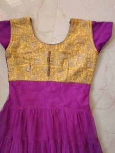 Girls Purple &amp; Yellow Anarkali Suit Set