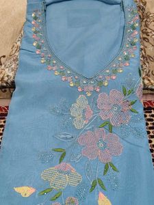 Sky Blue Embroidered organza silk suit