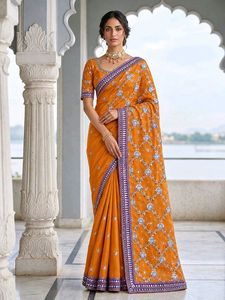 🆕NEW Orange Silver Sequin Saree with Blouse