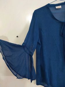 Dark Blue Sheer Bell Sleeve Blouse