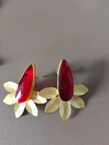 Red Stone &amp; Gold Leaf Earrings
