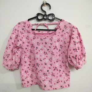 Cute Pink Floral Puff Sleeve Top