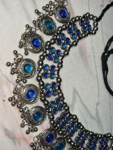 Boho Blue Stone Oxidised Choker Set