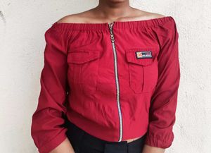 Stylish Red Off-Shoulder Zip-Up Crop Top |Size M |