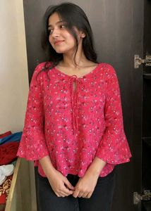 Chic Pink Floral Bell Sleeve Top
