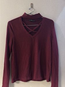 Maroon Ribbed Lattice Neck Top
