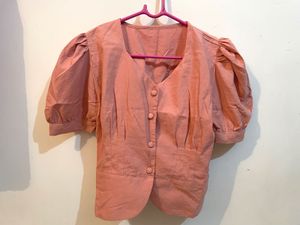 Peach Puff Sleeve Button-Up Top