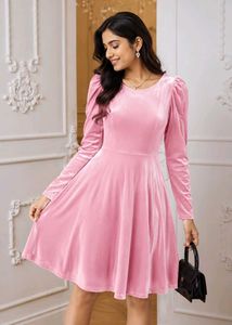 Pastel Pink Velvet Puff-Sleeve Skater Dress