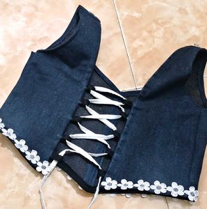 Stylish Black denim corset with Lace Trim