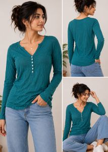 Teal Long Sleeve Henley Top