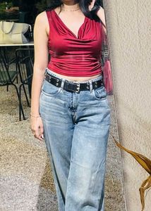 y2k Shiny Red Cowl Neck Sleeveless Top savana