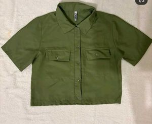 Olive Green Cropped Button-Up Shirt