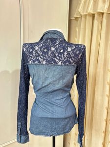 Denim Lace Sleeve Button-Up Shirt