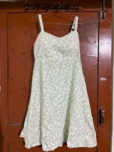 White Green Leaf Print Sundress