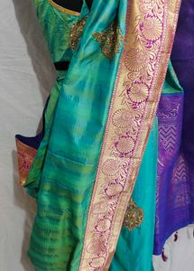 hand work 💯 Green Silk Saree with Gold Border