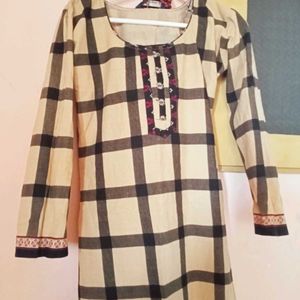 Elegant Beige Check Kurta Set with Dupatta