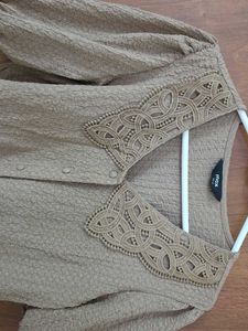 Women's Brown Textured Top with Lace Collar