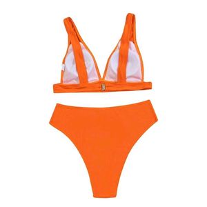 Orange V-Neck High-Waisted Bikini