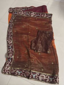 Embroidered Silk Blend Saree with Blouse