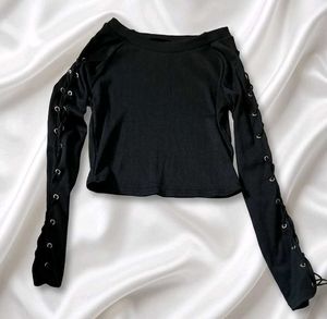 Black Lace-Up Sleeve Crop Top