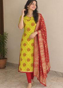 Yellow Kurta Set with Red Design Dupatta and pant