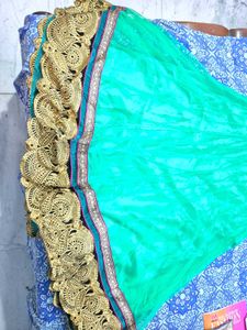 Green Unstitched Lehenga Skirt with Golden Border