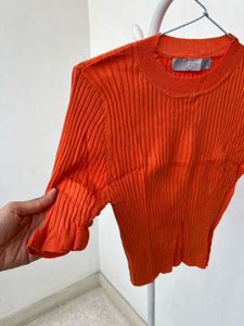 Orange Ribbed Knit Top