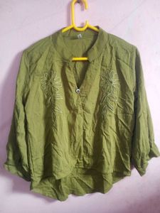 Green Cropped Embroidered Button-Up Shirt