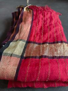 Elegant Red Saree with Golden Stripes