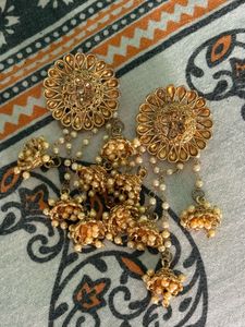 Golden Jhumka Earrings with Pearl Detail