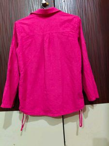 Vibrant Pink Ruched Button-Up Shirt