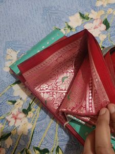 Elegant Teal Saree with Silver Motifs