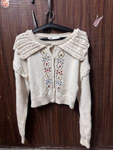 zara Chic Embroidered Knit Cardigan