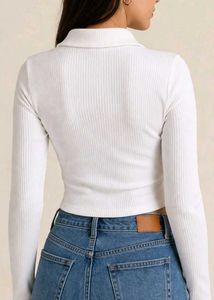 White Ribbed Crop Polo Shirt