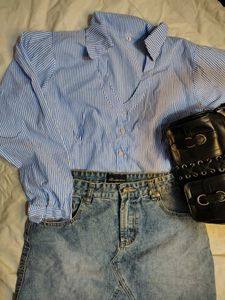 Retro Striped Button-Up & Denim Skirt Set